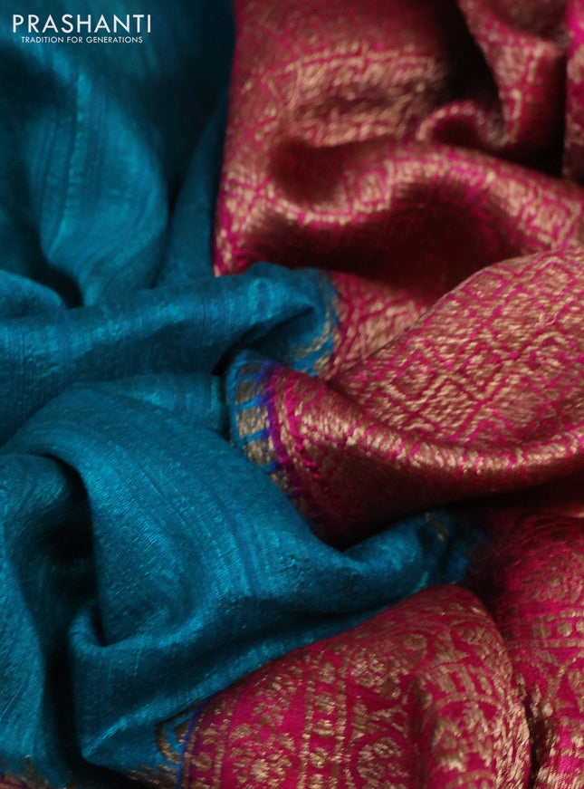 Banarasi raw silk saree teal bluish green and pink with plain body and long zari woven border