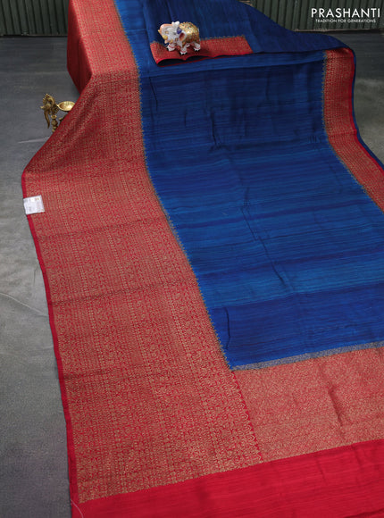Banarasi raw silk saree peacock blue and maroon with plain body and long zari woven border