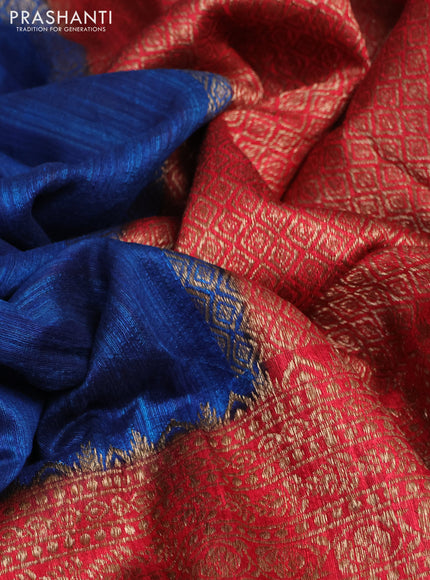 Banarasi raw silk saree peacock blue and maroon with plain body and long zari woven border