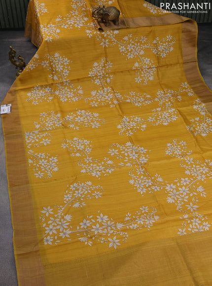 Pure tussar silk saree mustad yellow with allover floral digital prints and zari woven border