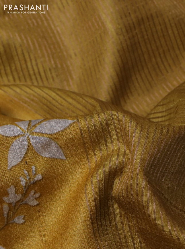 Pure tussar silk saree mustad yellow with allover floral digital prints and zari woven border