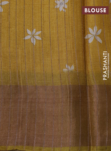 Pure tussar silk saree mustad yellow with allover floral digital prints and zari woven border