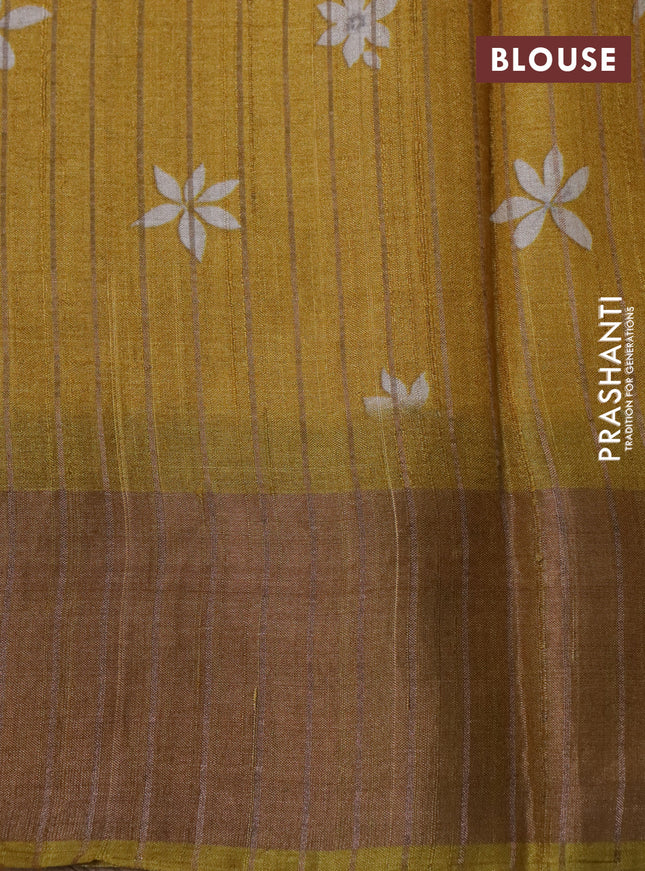 Pure tussar silk saree mustad yellow with allover floral digital prints and zari woven border