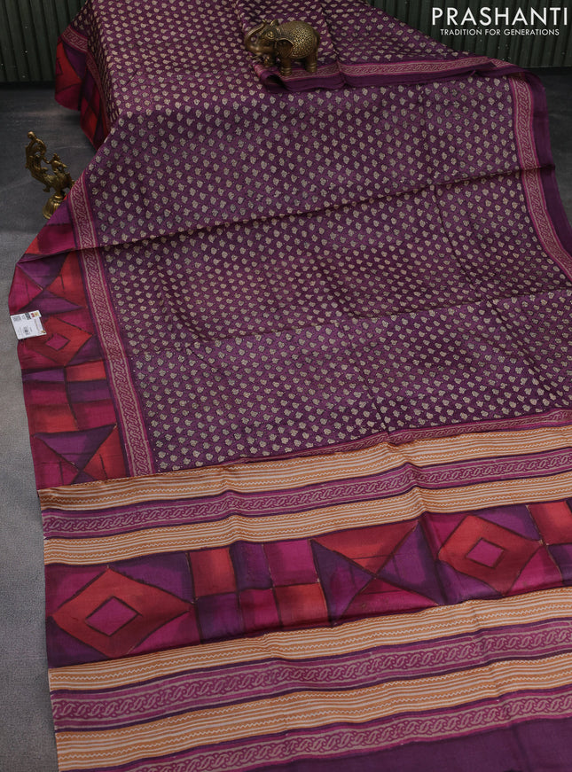 Pure tussar silk saree wine shade with allover digital prints and long printed border