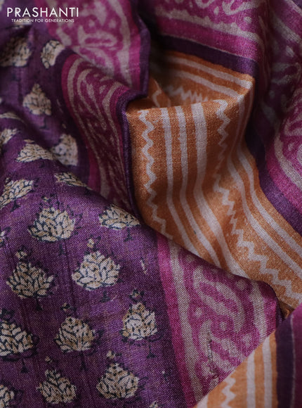 Pure tussar silk saree wine shade with allover digital prints and long printed border