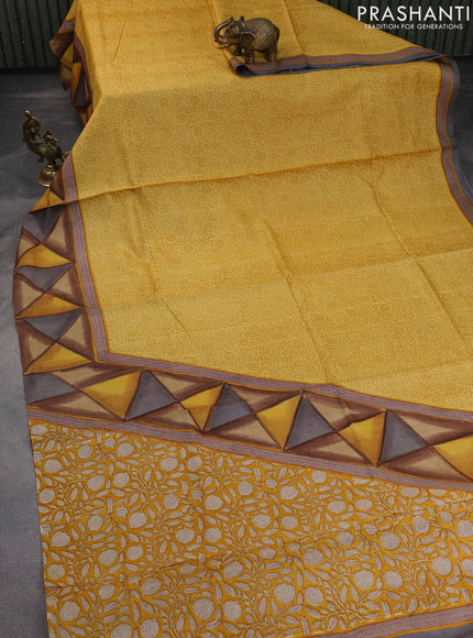 Pure tussar silk saree mustad yellow with allover digital prints and long printed border