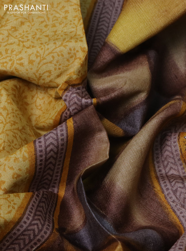 Pure tussar silk saree mustad yellow with allover digital prints and long printed border
