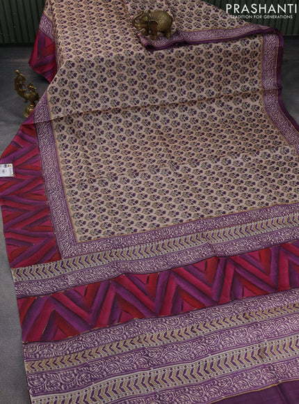 Pure tussar silk saree beige and purple with allover floral digital prints and long printed border