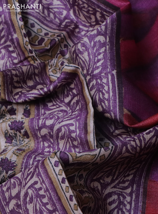 Pure tussar silk saree beige and purple with allover floral digital prints and long printed border