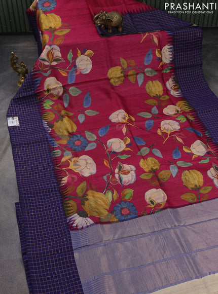 Pure tussar silk saree dark pink and navy blue with allover floral digital prints and temple design zari checks border