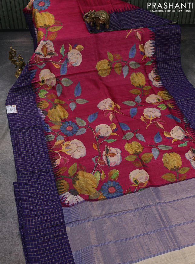 Pure tussar silk saree dark pink and navy blue with allover floral digital prints and temple design zari checks border