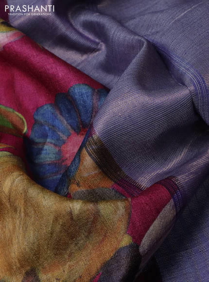 Pure tussar silk saree dark pink and navy blue with allover floral digital prints and temple design zari checks border