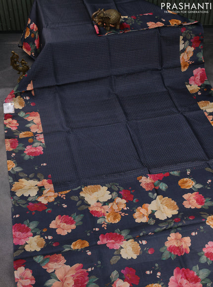 Pure tussar silk saree dark grey with allover zari weaves and floral digital printed border