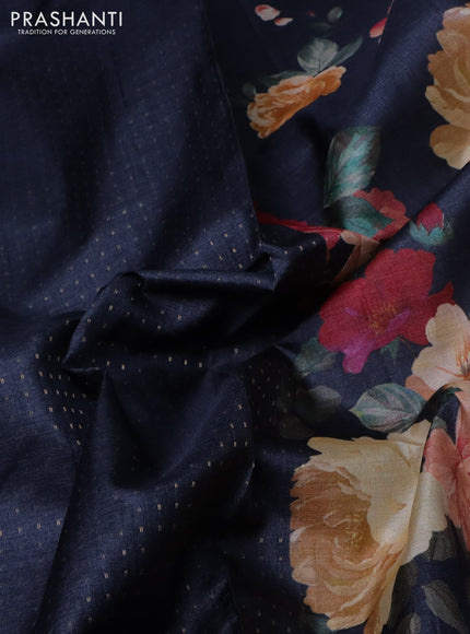 Pure tussar silk saree dark grey with allover zari weaves and floral digital printed border