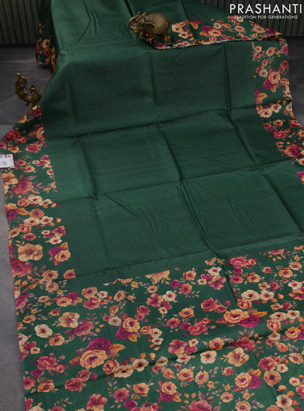 Pure tussar silk saree green with allover zari weaves and floral digital printed border