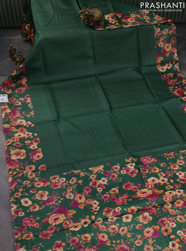 Pure tussar silk saree green with allover zari weaves and floral digital printed border