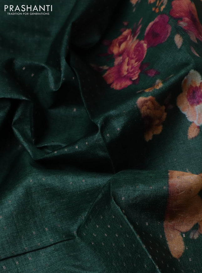 Pure tussar silk saree green with allover zari weaves and floral digital printed border