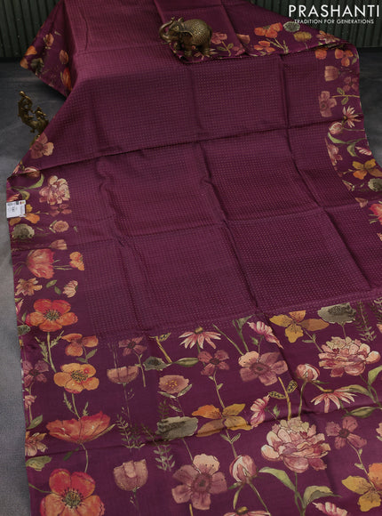 Pure tussar silk saree wine shade with allover zari weaves and floral digital printed border