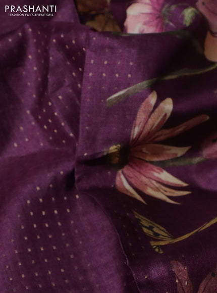 Pure tussar silk saree wine shade with allover zari weaves and floral digital printed border