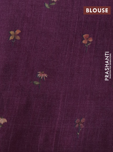 Pure tussar silk saree wine shade with allover zari weaves and floral digital printed border