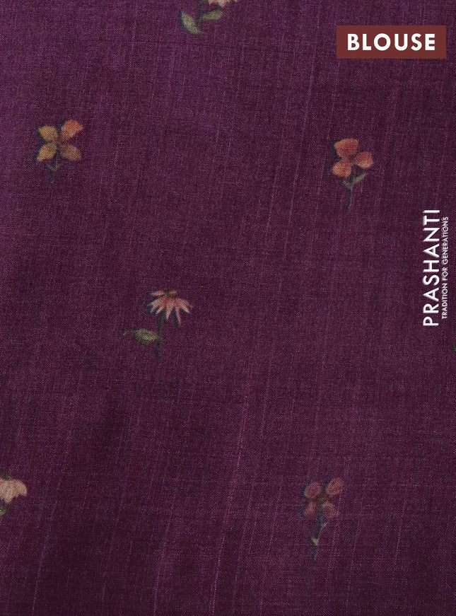 Pure tussar silk saree wine shade with allover zari weaves and floral digital printed border
