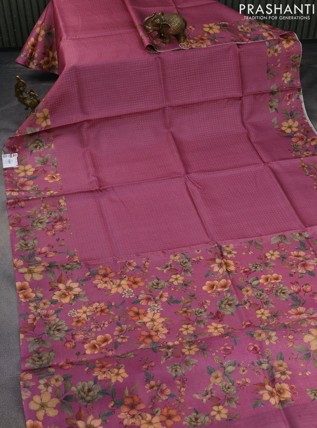 Pure tussar silk saree mauve pink with allover zari weaves and floral digital printed border
