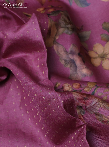 Pure tussar silk saree mauve pink with allover zari weaves and floral digital printed border