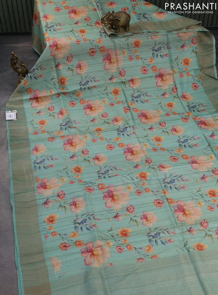 Pure tussar silk saree pastel green with allover floral digital prints and zari woven border