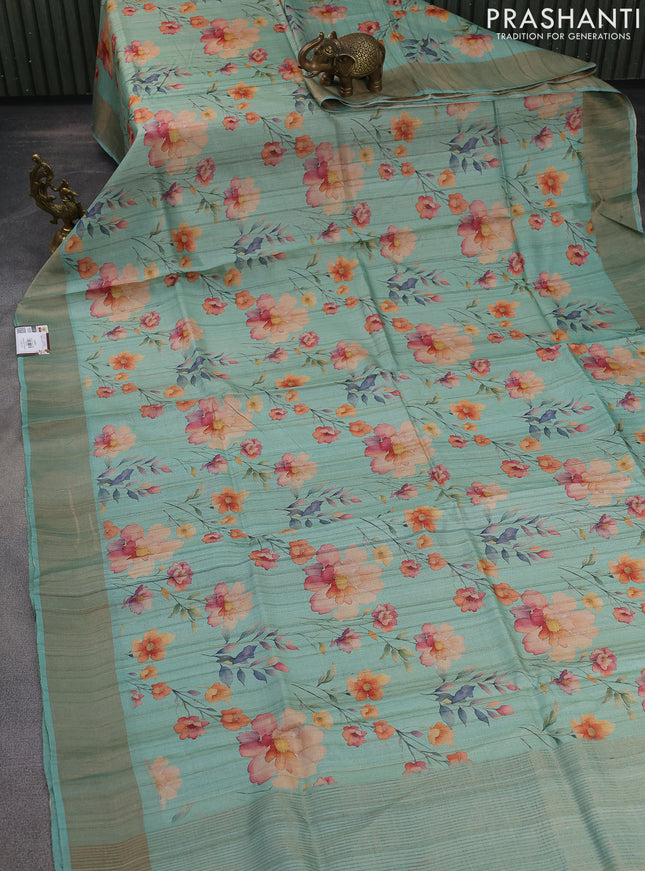 Pure tussar silk saree pastel green with allover floral digital prints and zari woven border