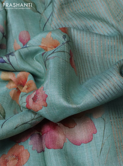Pure tussar silk saree pastel green with allover floral digital prints and zari woven border