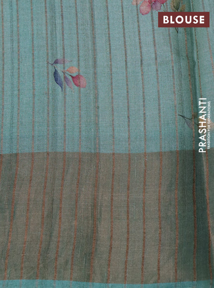 Pure tussar silk saree pastel green with allover floral digital prints and zari woven border
