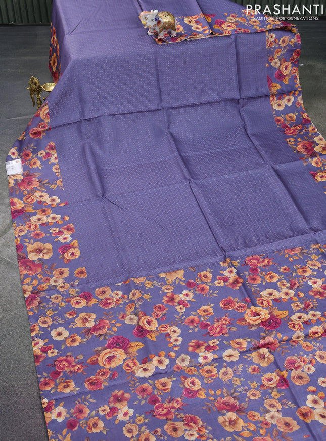 Pure tussar silk saree blue shade with allover zari weaves and floral digital printed border