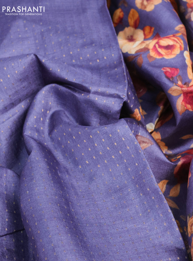 Pure tussar silk saree blue shade with allover zari weaves and floral digital printed border