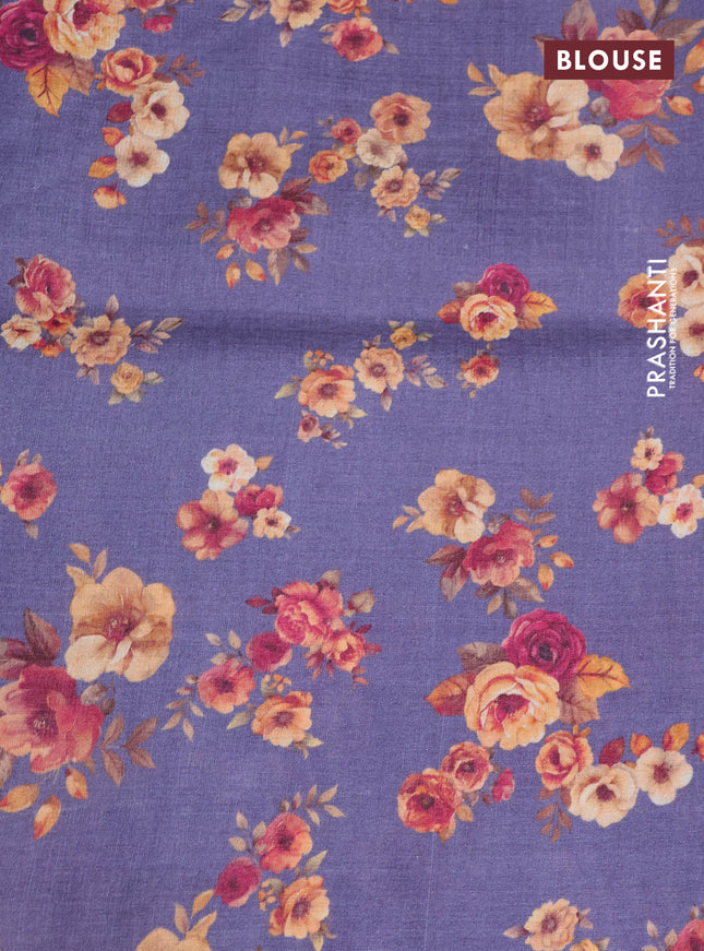 Pure tussar silk saree blue shade with allover zari weaves and floral digital printed border