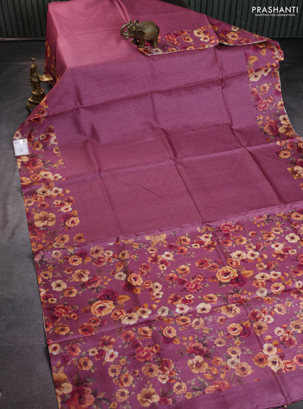 Pure tussar silk saree mauve pink with allover zari weaves and floral digital printed border