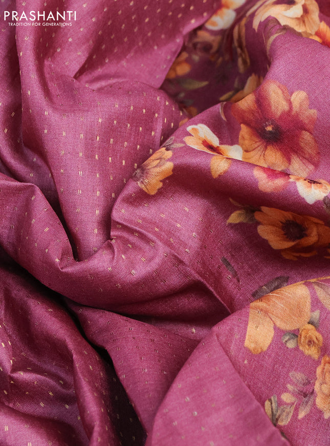 Pure tussar silk saree mauve pink with allover zari weaves and floral digital printed border