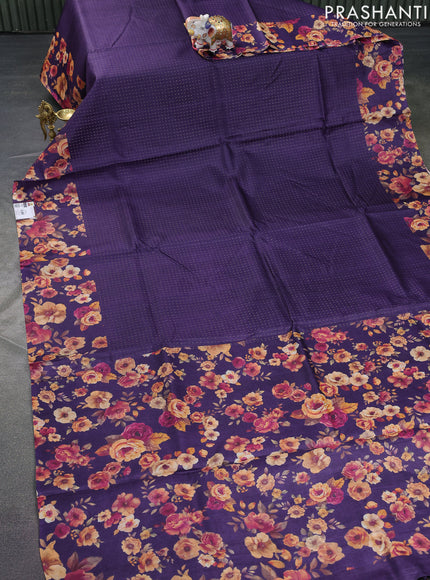 Pure tussar silk saree violet with allover zari weaves and floral digital printed border