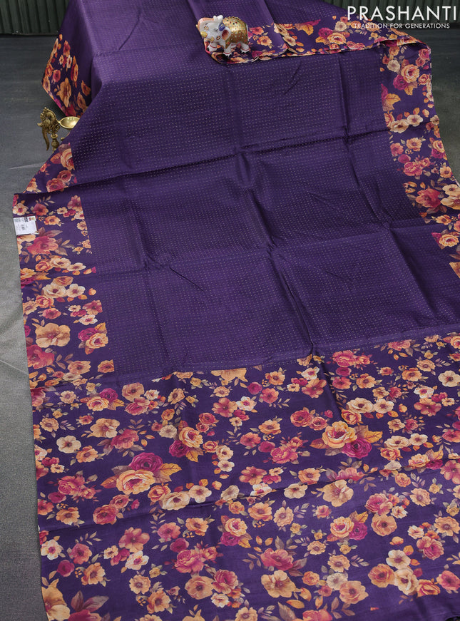 Pure tussar silk saree violet with allover zari weaves and floral digital printed border