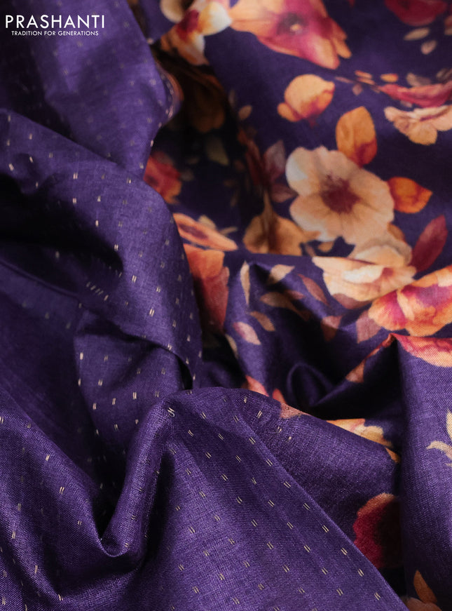 Pure tussar silk saree violet with allover zari weaves and floral digital printed border