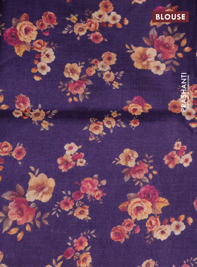 Pure tussar silk saree violet with allover zari weaves and floral digital printed border