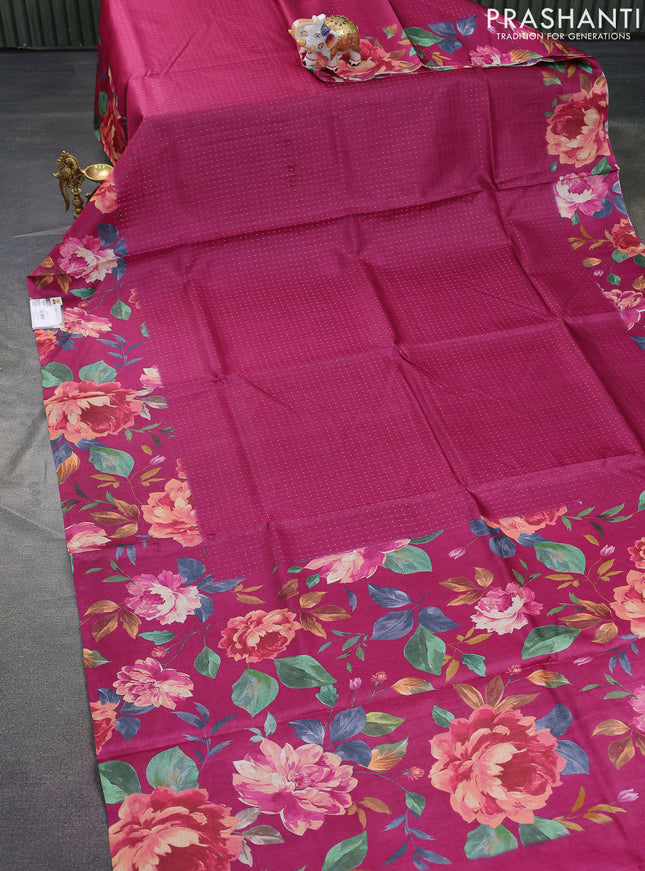 Pure tussar silk saree pink with allover zari weaves and floral digital printed border