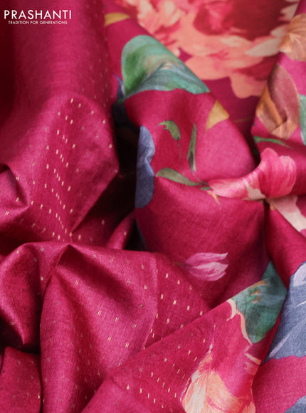 Pure tussar silk saree pink with allover zari weaves and floral digital printed border