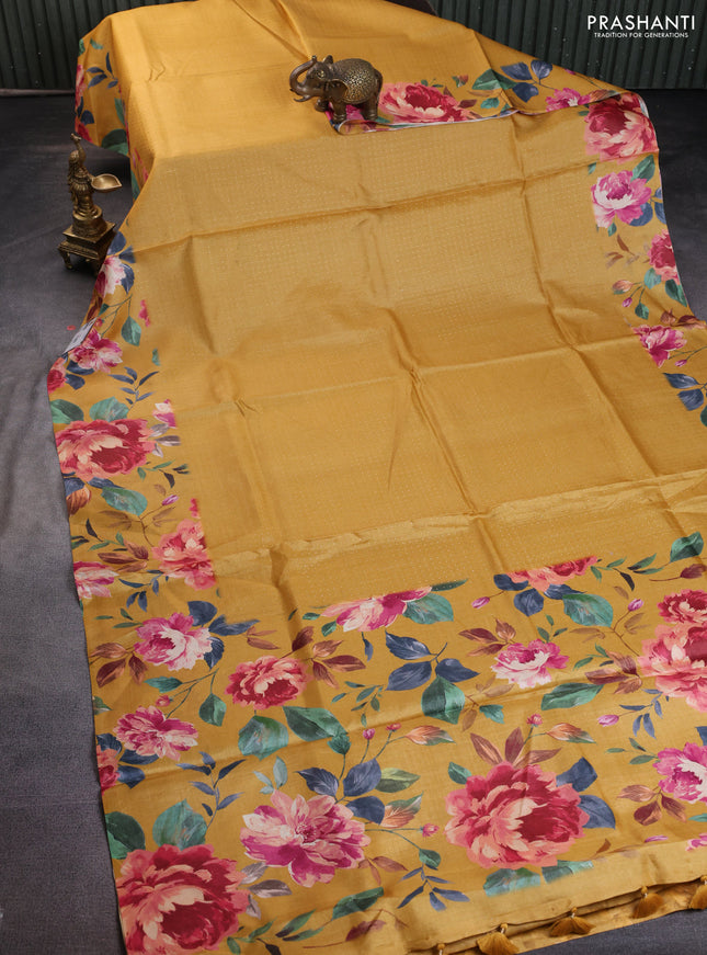 Pure tussar silk saree mustard yellow with allover zari weaves and floral digital printed border
