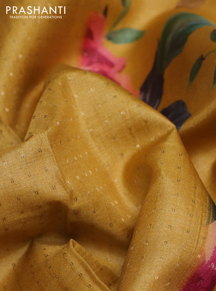 Pure tussar silk saree mustard yellow with allover zari weaves and floral digital printed border