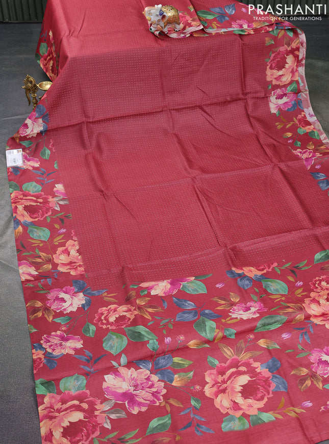 Pure tussar silk saree maroon with allover zari weaves and floral digital printed border