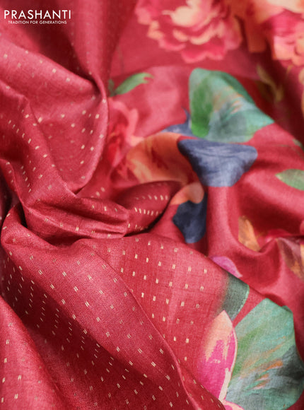 Pure tussar silk saree maroon with allover zari weaves and floral digital printed border