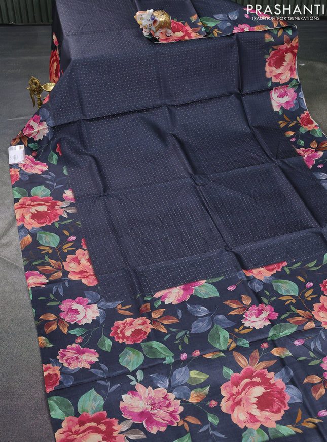 Pure tussar silk saree elephant grey with allover zari weaves and floral digital printed border