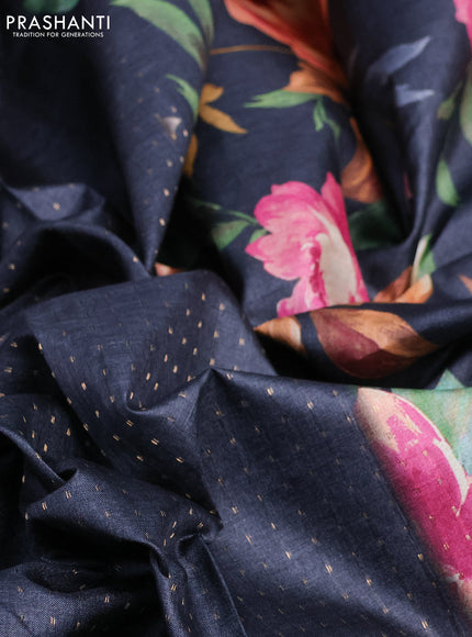 Pure tussar silk saree elephant grey with allover zari weaves and floral digital printed border