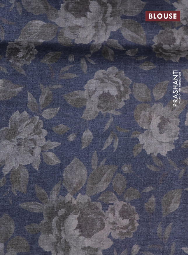 Pure tussar silk saree elephant grey with allover zari weaves and floral digital printed border