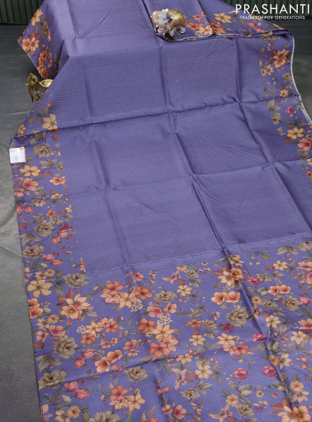 Pure tussar silk saree blue shade with allover zari weaves and floral digital printed border